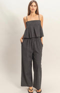Woven black set with striped design and pleated