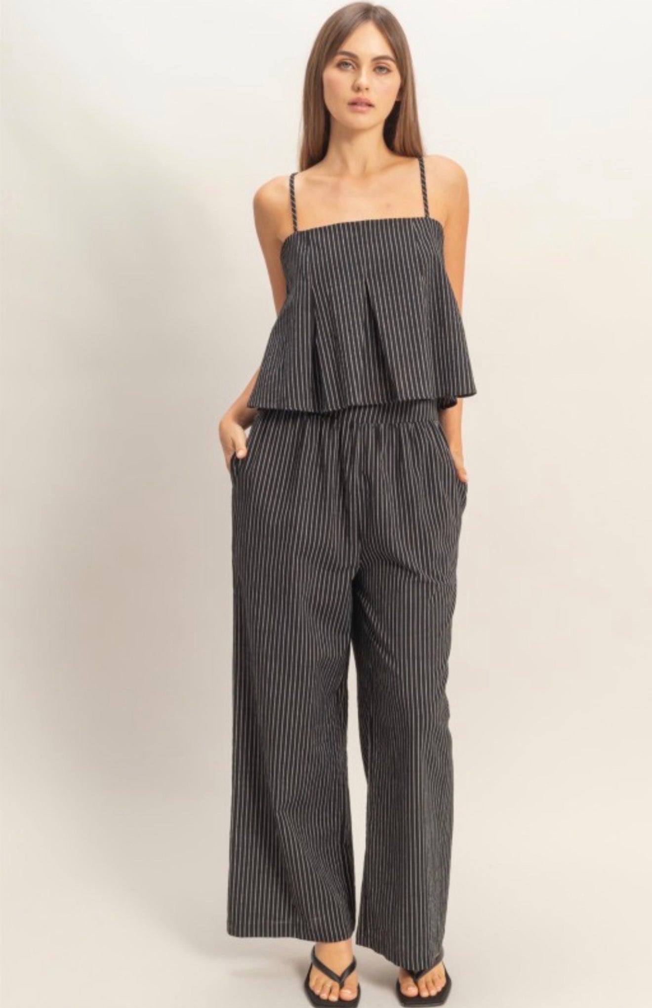 Woven black set with striped design and pleated