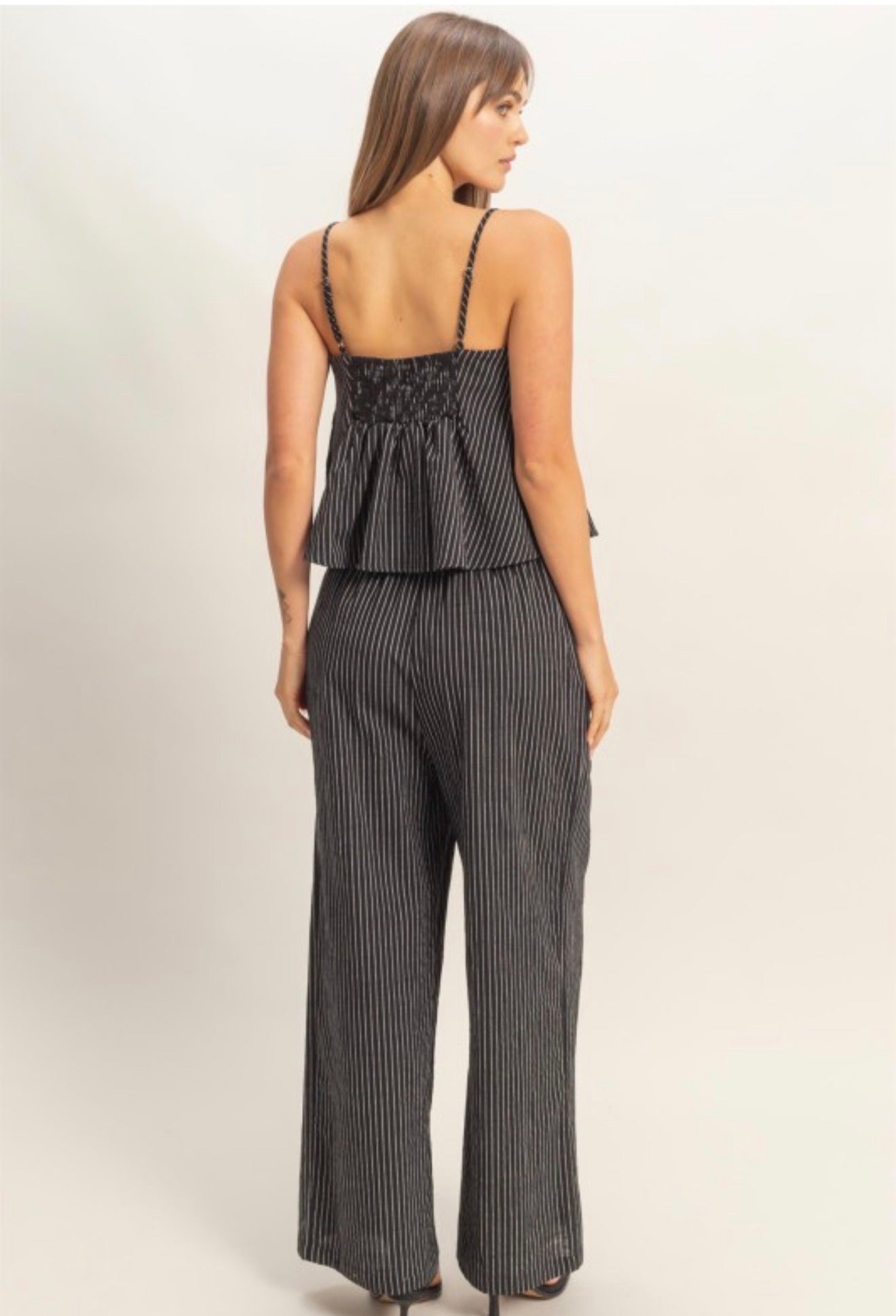 Woven black set with striped design and pleated