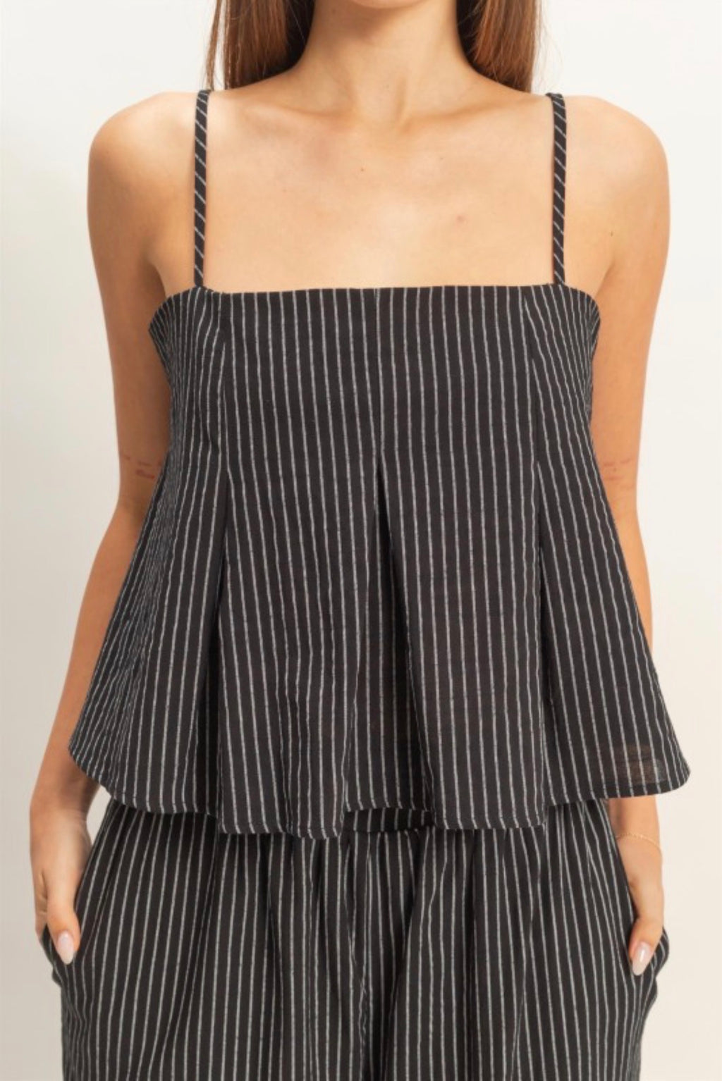 Woven black set with striped design and pleated
