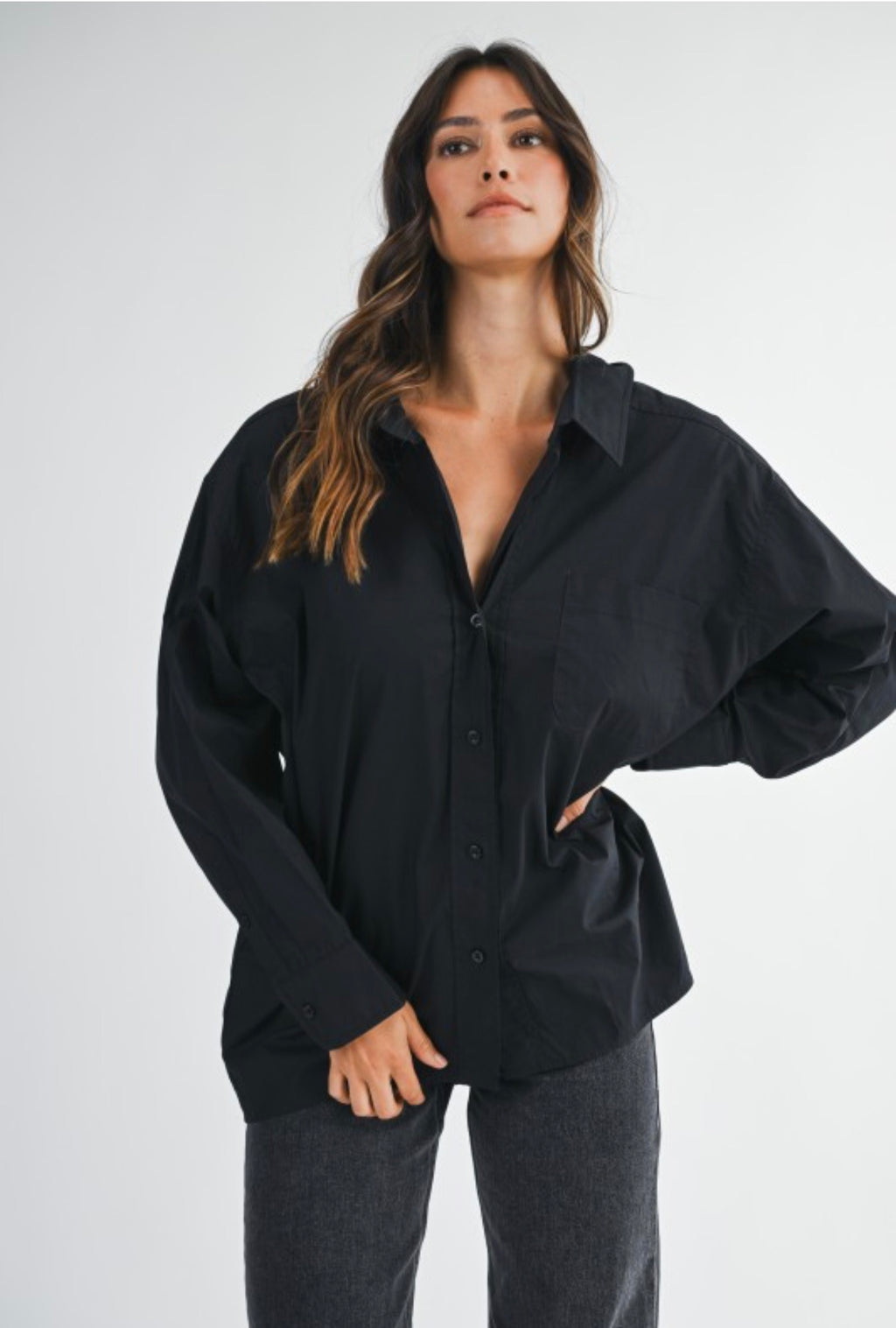 Down black long sleeve button front shirt
