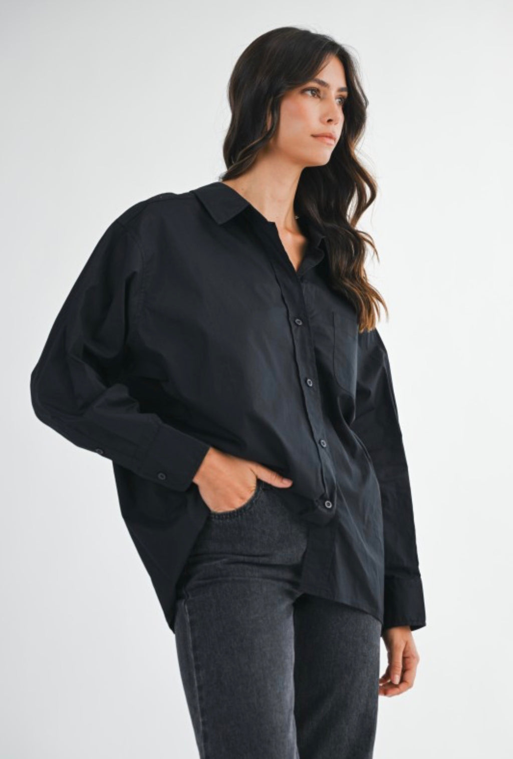 Down black long sleeve button front shirt