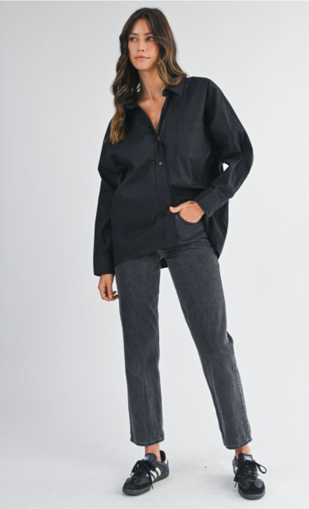 Down black long sleeve button front shirt